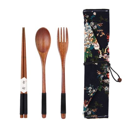 Portable Wooden Cutlery Travel Sets with Cloth Pack